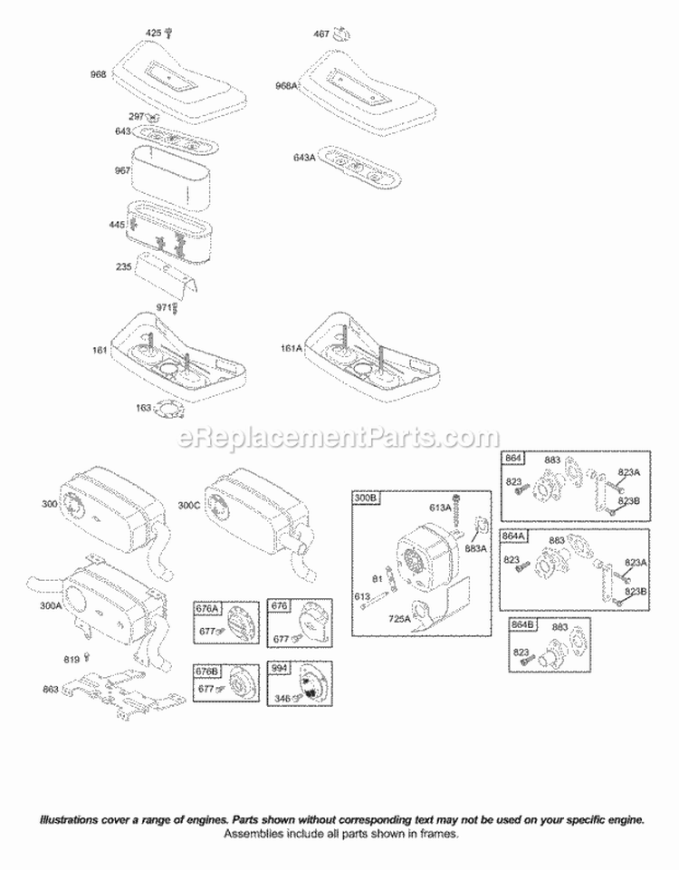 Air Cleaner Muffler Diagram and Parts List for 42D707-2298-E1  Briggs and Stratton Engine